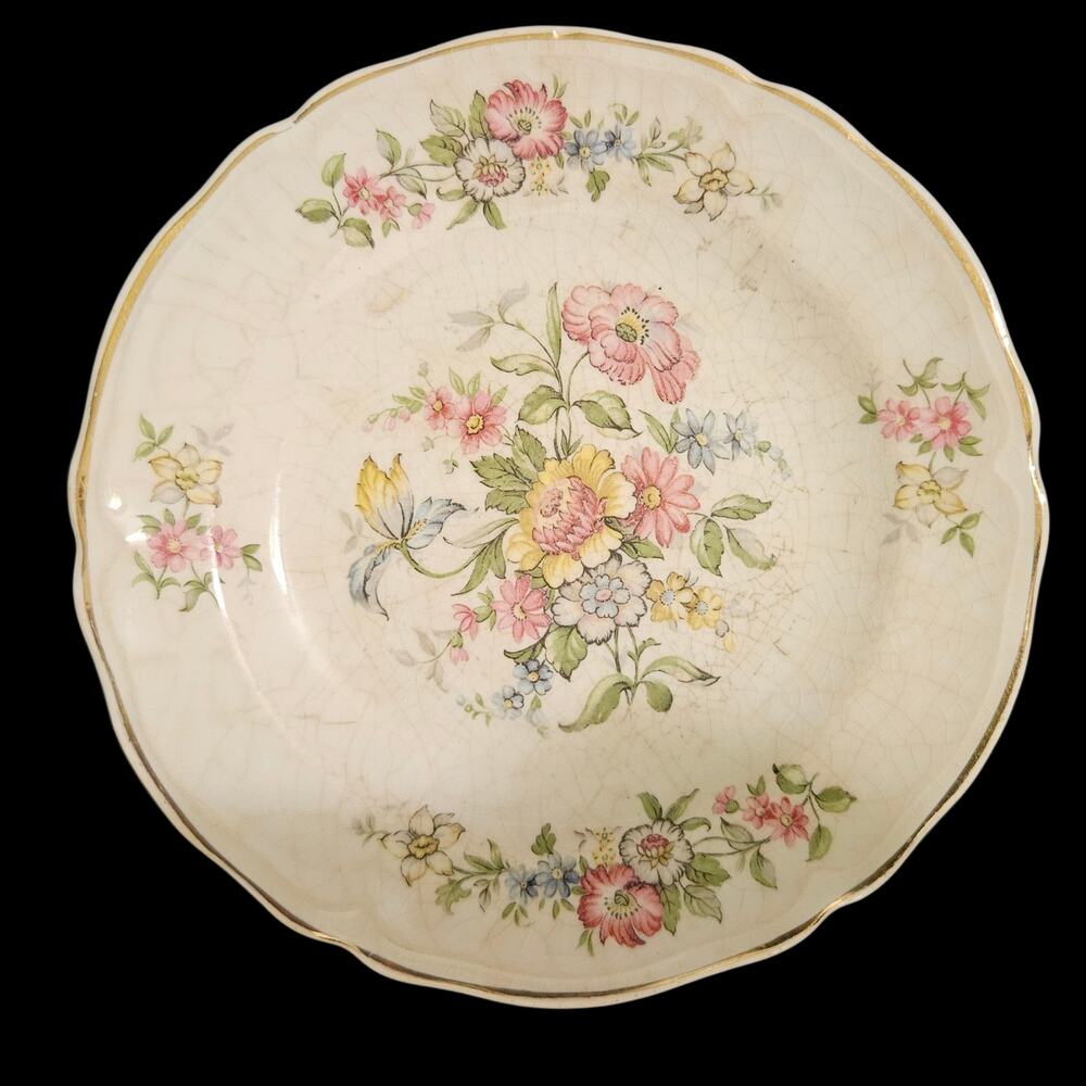 Edwin M Knowles Floral Dessert Plates Set of 4 Gold Trim Vintage 6.25 Inch
